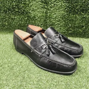 Santoni Black Leather Slip On Tassel Loafer Dress Shoes ITALY Mens Size 10 D