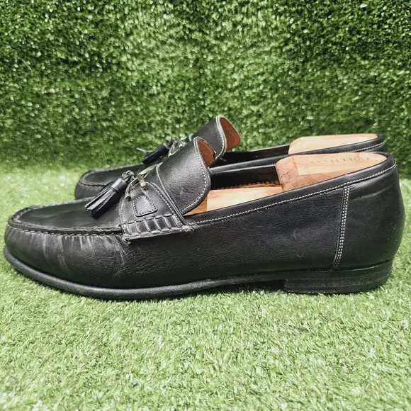 Santoni Black Leather Slip On Tassel Loafer Dress Shoes ITALY Mens Size 10 D