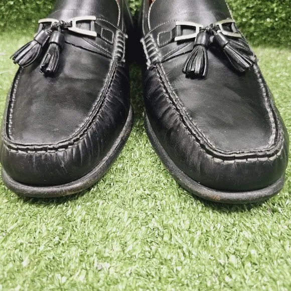 Santoni Black Leather Slip On Tassel Loafer Dress Shoes ITALY Mens Size 10 D