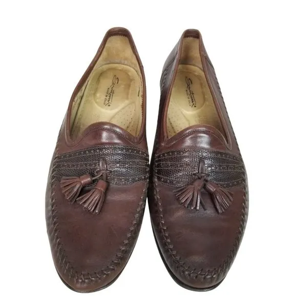 Santoni Mens 11.5 Brown Leather Tassel Slip Loafer