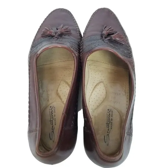 Santoni Mens 11.5 Brown Leather Tassel Slip Loafer