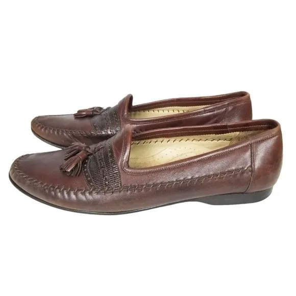 Santoni Mens 11.5 Brown Leather Tassel Slip Loafer