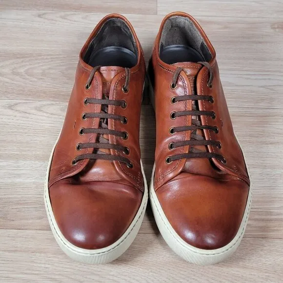 Santoni Shoes Men Size 12 D Brown Leather Casual Sneakers Round Toe Preppy Italy