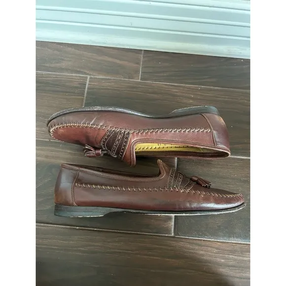 Santoni Tassel Brown Leather Loafers Lizard Accents Mens  Shoes Size 10