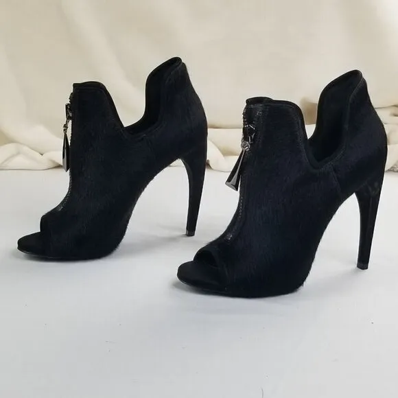 Schutz Black Hair Open Toe Front Zip Ankle Boots 9