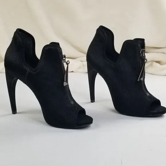 Schutz Black Hair Open Toe Front Zip Ankle Boots 9