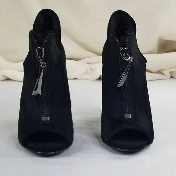 Schutz Black Hair Open Toe Front Zip Ankle Boots 9