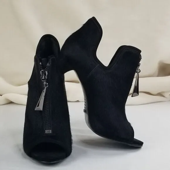 Schutz Black Hair Open Toe Front Zip Ankle Boots 9