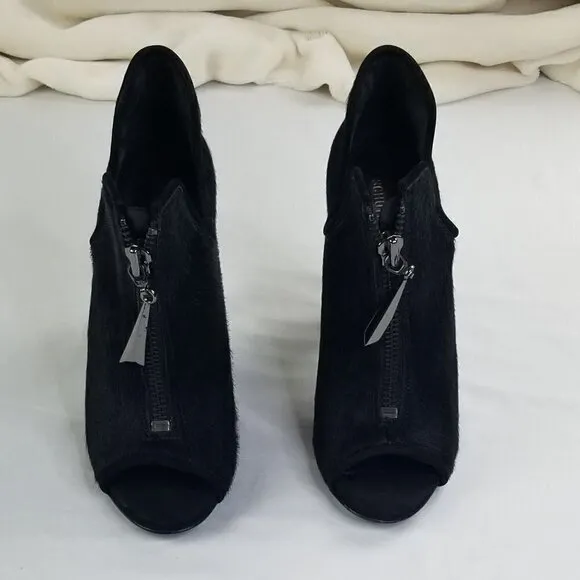 Schutz Black Hair Open Toe Front Zip Ankle Boots 9