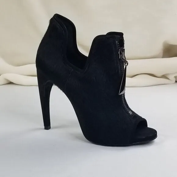Schutz Black Hair Open Toe Front Zip Ankle Boots 9