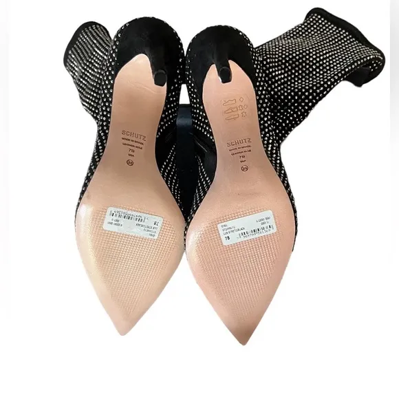 Schutz Boots Sybil Suede &amp; Rhinestone Black/Silver Stiletto Heel Women’s Size 7