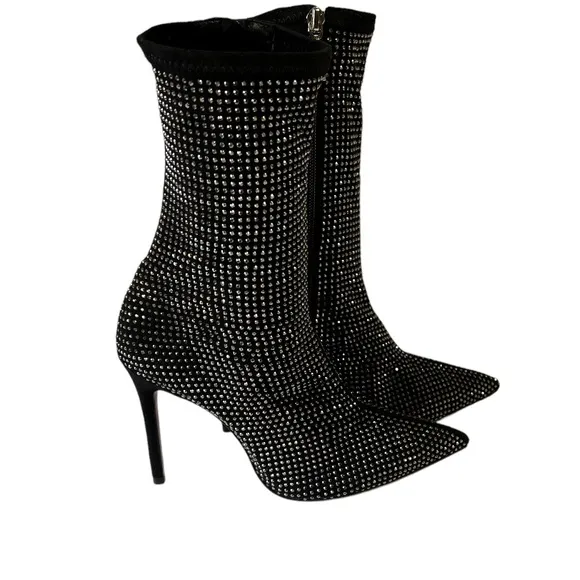 Schutz Boots Sybil Suede &amp; Rhinestone Black/Silver Stiletto Heel Women’s Size 7
