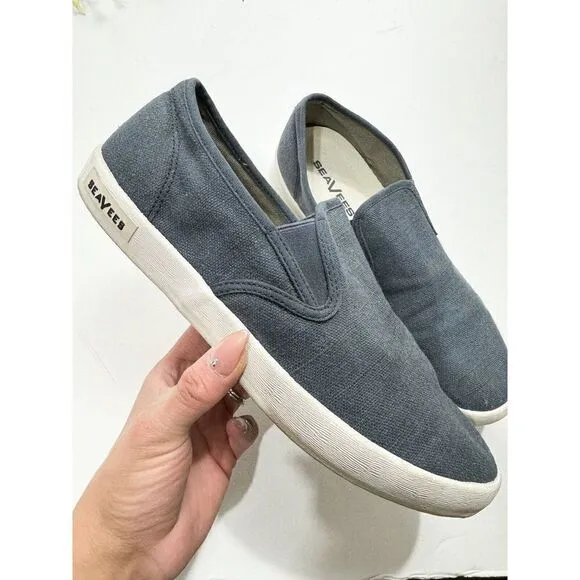 SeaVees Baja Classic Mens Size 9 Slate Navy Linen Canvas Slip On Sneaker Shoes