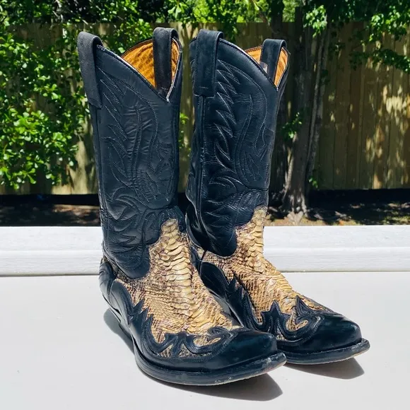 Sendra Exotic Python Inlay Cowboy Boots Black Leather Men’s Size 9 US
