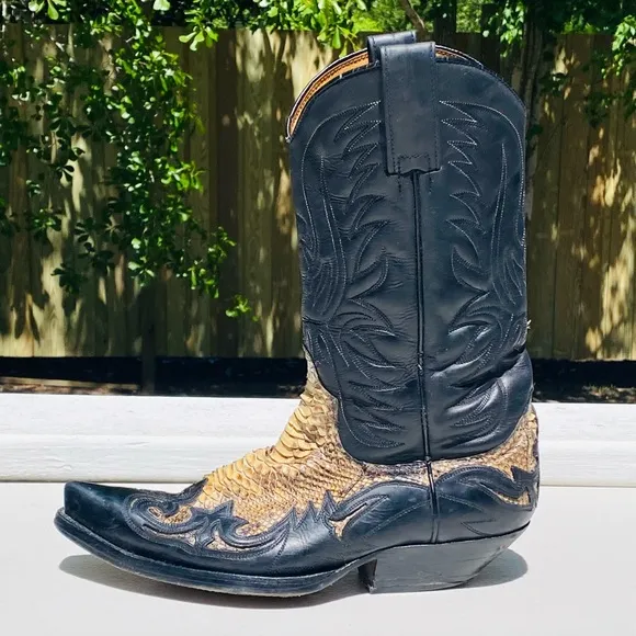 Sendra Exotic Python Inlay Cowboy Boots Black Leather Men’s Size 9 US