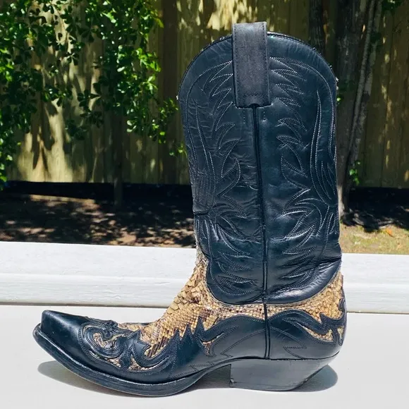 Sendra Exotic Python Inlay Cowboy Boots Black Leather Men’s Size 9 US