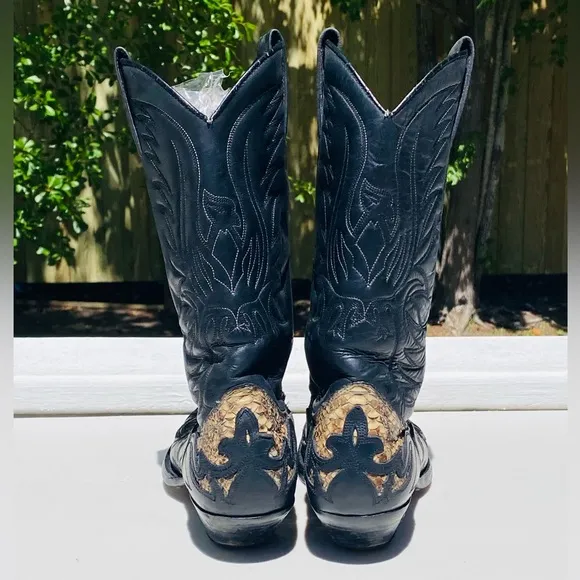Sendra Exotic Python Inlay Cowboy Boots Black Leather Men’s Size 9 US