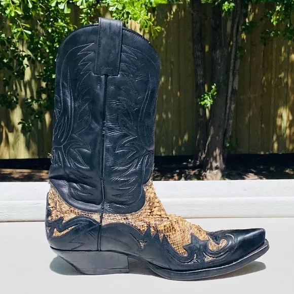 Sendra Exotic Python Inlay Cowboy Boots Black Leather Men’s Size 9 US