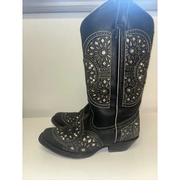 Seven Stars Cowboy Boots Women’s 7.5 Sparkly Black Rhinestone Flowers