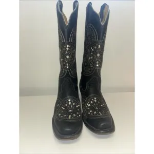 Seven Stars Cowboy Boots Women’s 7.5 Sparkly Black Rhinestone Flowers