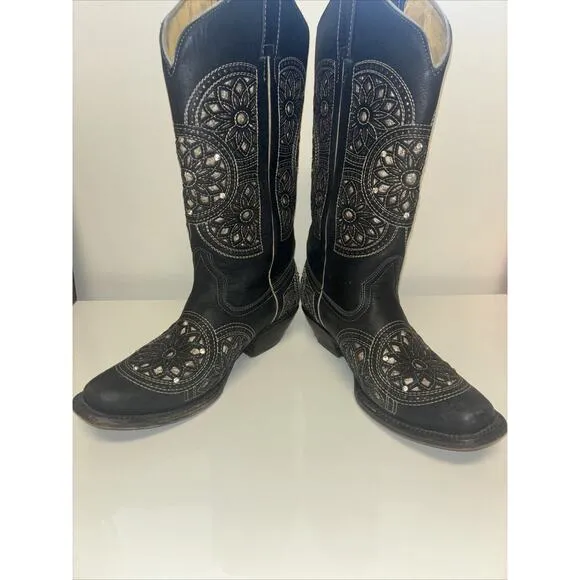 Seven Stars Cowboy Boots Women’s 7.5 Sparkly Black Rhinestone Flowers