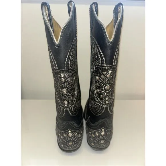Seven Stars Cowboy Boots Women’s 7.5 Sparkly Black Rhinestone Flowers