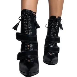 Sexy Black Leather Lace Up High Heel Stiletto Boots