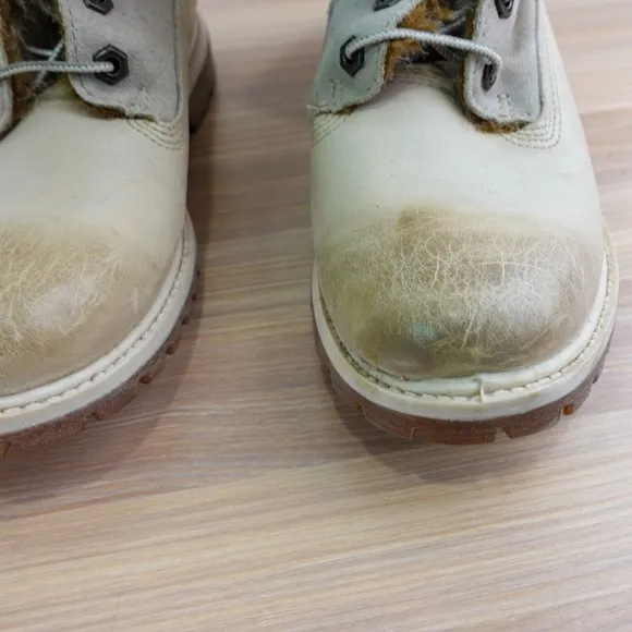 Shearling Fur Lined Snow Boots Women 8 M TIMBERLAND Off White Suede Leather AUTH