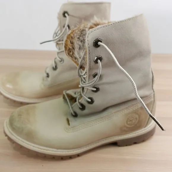 Shearling Fur Lined Snow Boots Women 8 M TIMBERLAND Off White Suede Leather AUTH