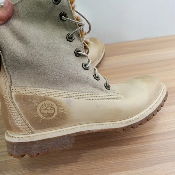 Shearling Fur Lined Snow Boots Women 8 M TIMBERLAND Off White Suede Leather AUTH