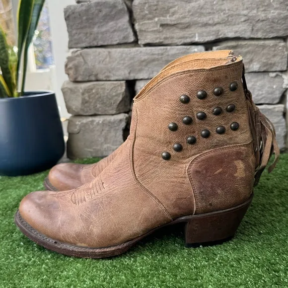 Shyanne Studded Fringe Brown Leather Women’s Ankle Boots