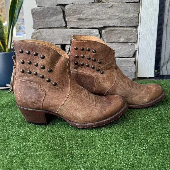 Shyanne Studded Fringe Brown Leather Women’s Ankle Boots
