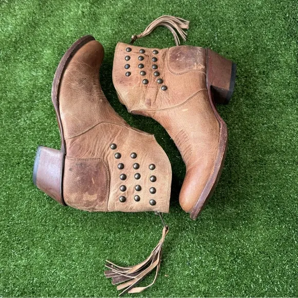 Shyanne Studded Fringe Brown Leather Women’s Ankle Boots