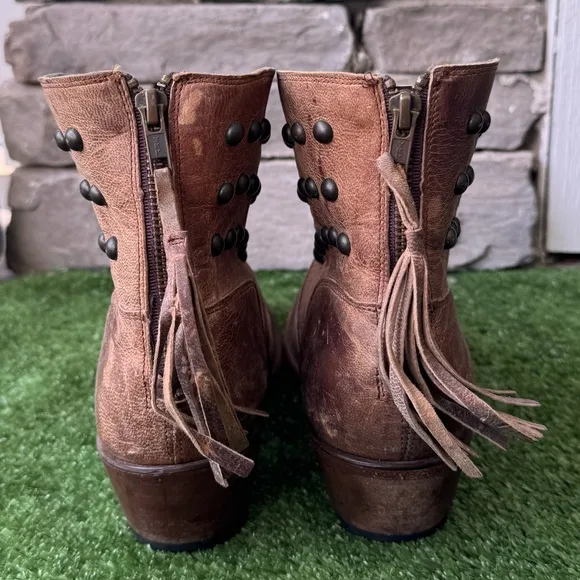 Shyanne Studded Fringe Brown Leather Women’s Ankle Boots