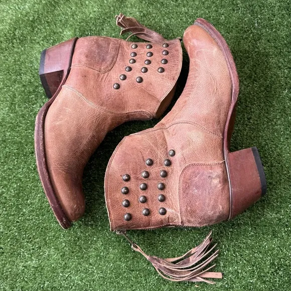 Shyanne Studded Fringe Brown Leather Women’s Ankle Boots