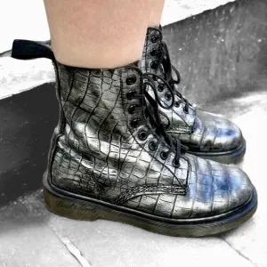 Silver Black Rub Off UK4 US6 Pascal Crocodile Embossed 1460 8 Hole Leather Boots