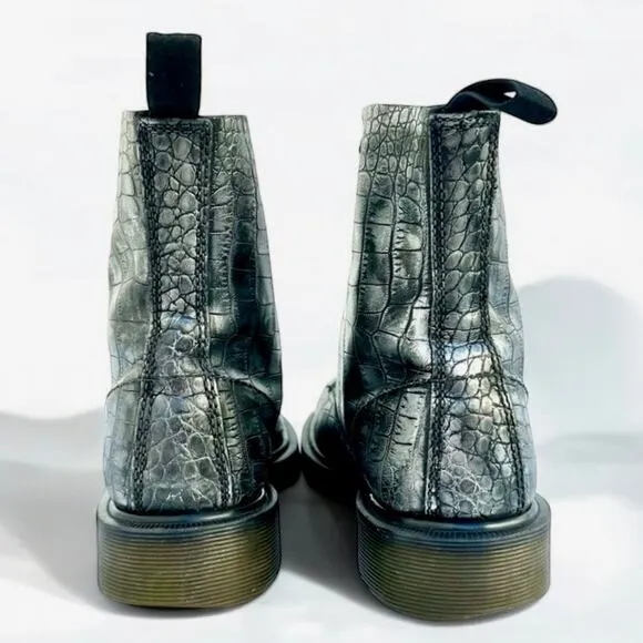 Silver Black Rub Off UK4 US6 Pascal Crocodile Embossed 1460 8 Hole Leather Boots