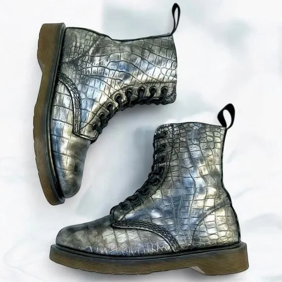 Silver Black Rub Off UK4 US6 Pascal Crocodile Embossed 1460 8 Hole Leather Boots