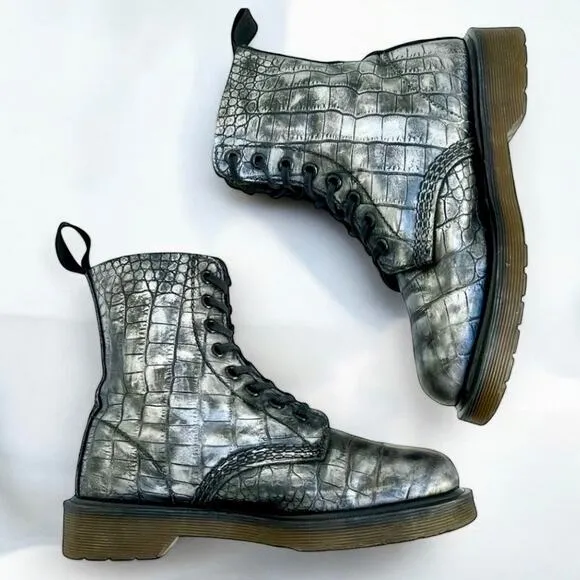 Silver Black Rub Off UK4 US6 Pascal Crocodile Embossed 1460 8 Hole Leather Boots