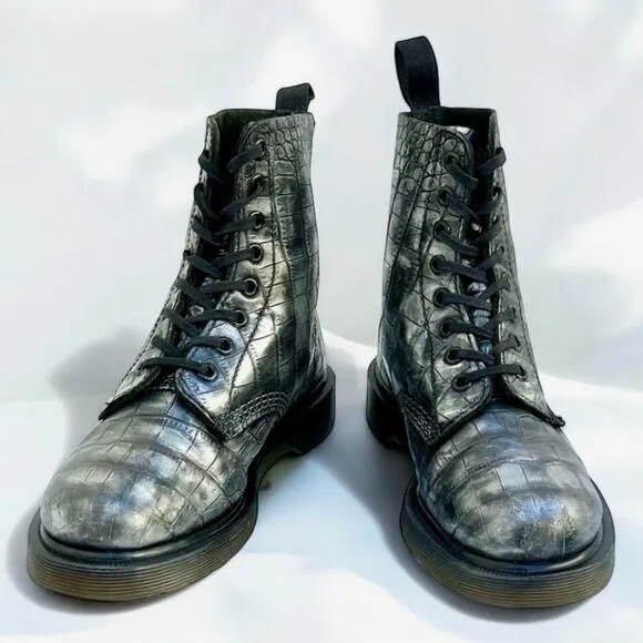 Silver Black Rub Off UK4 US6 Pascal Crocodile Embossed 1460 8 Hole Leather Boots