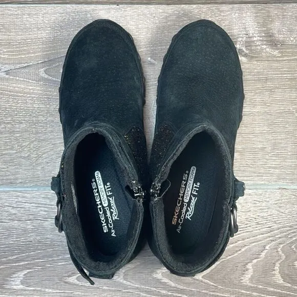 Skechers Bikers Lite High Grade Women’s Sz 9 Black Suede Knit Ankle Boots