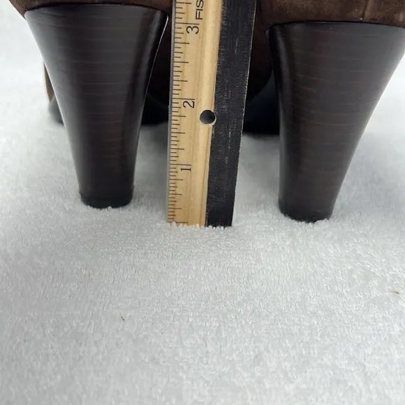 Sofft, brown suede peep  toe with flower embellishment, 3 inch heel like new