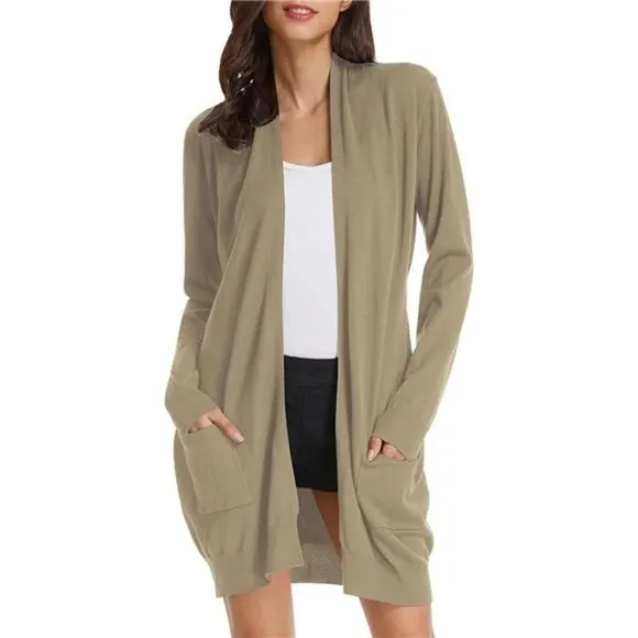 Solid Open Front Long Knited Cardigan Sweater for Women, Camel