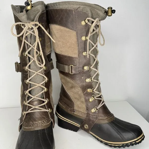 SOREL Boots Womens Size 10 Conquest Carly 2 Tall 15&quot; Leather Duck Khaki Lace Up