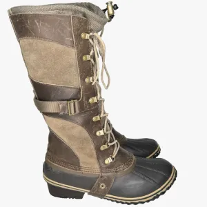 SOREL Boots Womens Size 10 Conquest Carly 2 Tall 15&quot; Leather Duck Khaki Lace Up