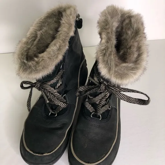 Sorel Boots Womens Size 7 Tivoli Winter Snow Black Suede Fur Trim