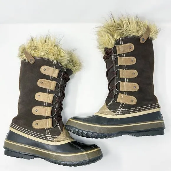 Sorel Brown Joan of Arc Lace Up Snow Boots Waterproof Women's Sz 9 Faux Fur Trim