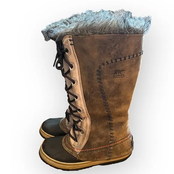 Sorel Cate the Great boots Winter Snow Rain boots with fur trim brown Size 5.5