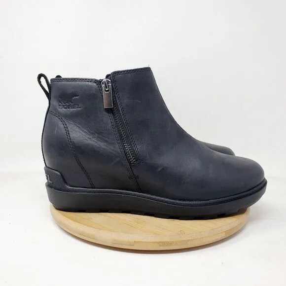 Sorel Evie II Boots Womens 9 Black Leather Hidden Wedge Heel Waterproof Shoes