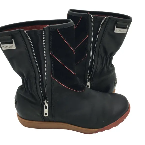 Sorel Firenzy Winter Black &amp; Red Leather Ankle Booties Boots retro Y2K size 7.5